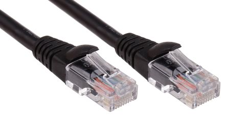 สาย สายไฟ เครือข่ายอีเธอร์เน็ต (ethernet) RS PRO Cat5e, RJ45 ถึง RJ45, แผง โล่กำบัง U/UTP, เปลือก LSZH สีดำ, 2 ม.