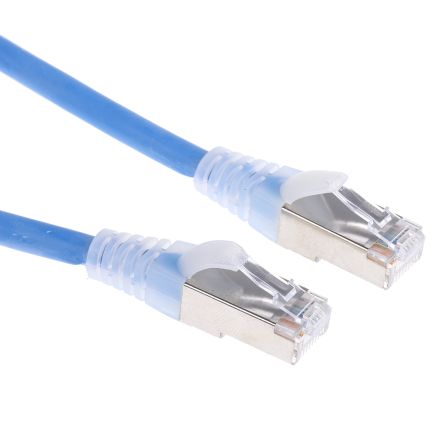 สาย สายไฟ RS PRO Cat5e เครือข่ายอีเธอร์เน็ต (ethernet) , RJ45 ถึง RJ45, แผง โล่กำบัง U/UTP, เปลือก พีวีซี สีน้ำเงิน, 2 ม.