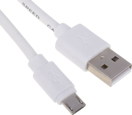 RS PRO เกลียวนอก สาย USB A ถึง micro USB B เกลียวนอก , สายไฟ 2.0, 1 ม., เปลือก สีขาว
