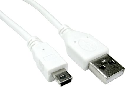 RS PRO เกลียวนอก สาย USB A กับ mini USB B เกลียวนอก , สายไฟ 2.0, 2 ม., เปลือก สีขาว