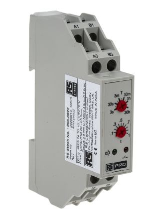 รีเลย์ ตั้งเวลา ฟังก์ชั่น เดียว รางปีกนก (DIN Rail) , 24 V AC, SPDT, 0.3 วินาทีถึง 30 ชม., 24 V AC/DC, 240 V AC, หน่วงเวลา OFF