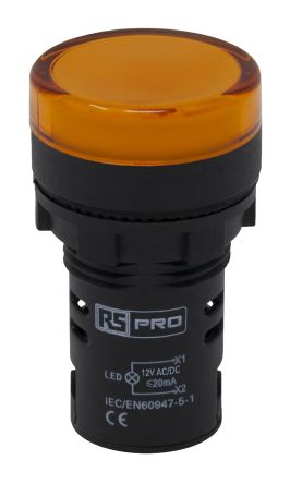 RS PRO, ไฟ ไฟบอกสถานะ LED สีเหลืองอำพันที่ อุปกรณ์ติดตั้งตู้ , คัตเอาต์ 22 มม., IP65, 12 V AC/DC