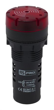 RS PRO, ไฟ LED แสดงสถานะสีแดงแบบติดตั้งบนพาเนลพร้อมเสียงเตือนคัตเอาท์ 22 มม., ระดับ IP30, แบบกลม, 24 V AC/DC