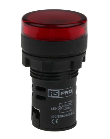 RS PRO, ไฟ LED แสดงสถานะสีแดงแบบติดตั้งบนพาเนล, คัตเอาต์ 22 มม., ระดับ IP65, 24 V AC/DC