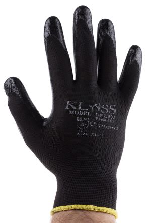 ถุงมือปฏิบัติงาน โพลีเอสเตอร์ เคลือบ ไนไตรล์ สีดำ RS PRO ขนาด 10 ขนาดใหญ่ 24 ถุงมือ