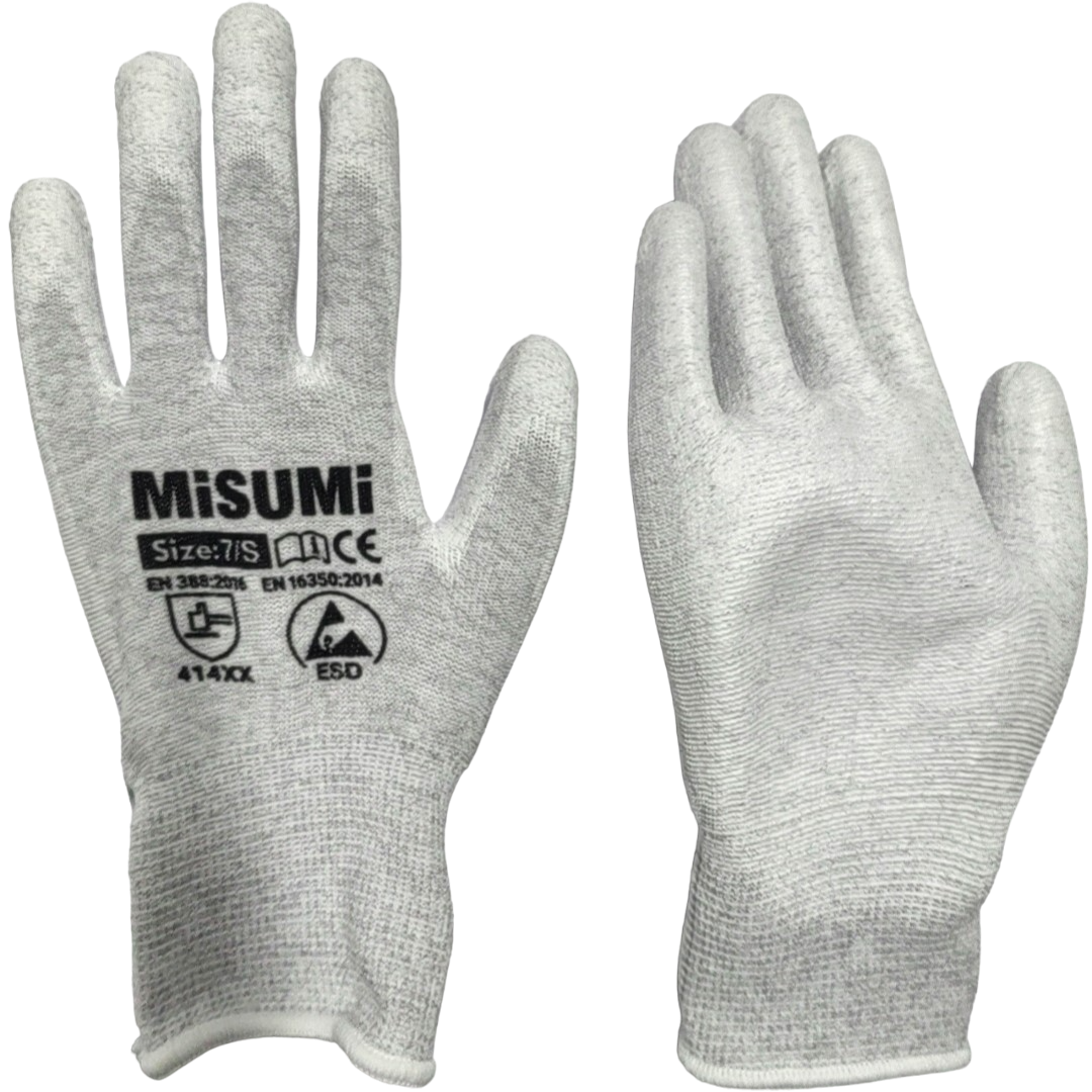 [ใหม่!] ถุงมือป้องกันไฟฟ้าสถิต ESD การเคลือบผิว PU พอดีฝ่ามือ-ชนิดหนา (โลโก้, แพ็คเกจเดี่ยว) (MESD-PF-L)