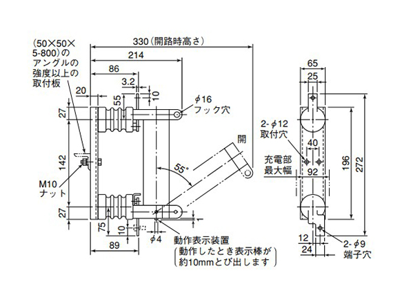 Drawing ระบุขนาดบล็อคฟิวส์ชนิด CLS (หมายเลขรุ่น R) 3.6 kV M100A, หน่วย: มม.