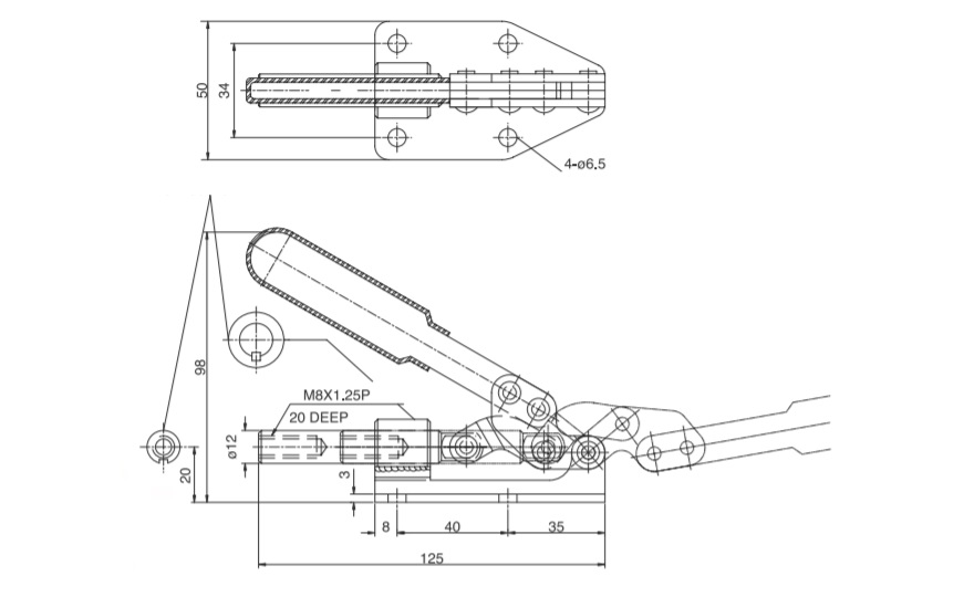 ท็อกเกิ้ลแคลมป์, ชนิดดันแนวนอน, ฐานหน้าแปลน ระยะเคลื่อนที่ 30 มม., แขนตรง GH-36020-K