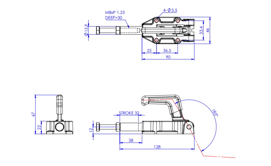 ท็อกเกิ้ลแคลมป์ - ดัน-ดึง - ฐานหน้าแปลน, ระยะเคลื่อนที่ 32 มม., มือจับตรง, GH-30600