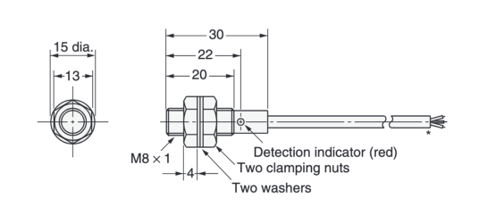 พร็อกซิมิตี้เซนเซอร์ชนิดเรซิน รุ่น DC 3 สาย E2F-X1R5E□/-X1R5F□ ขนาด
