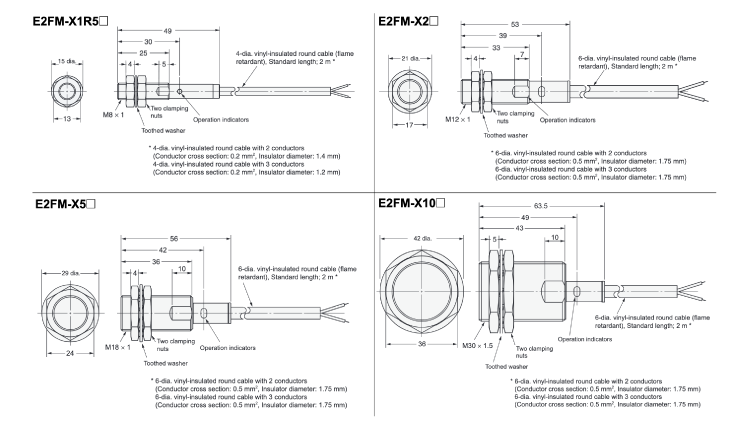 ภาพวาดโครงร่างพร็อกซิมิตี้เซนเซอร์ตัวเรือนสแตนเลสทั้งหมด รุ่น E2FM แบบสายดึงออก