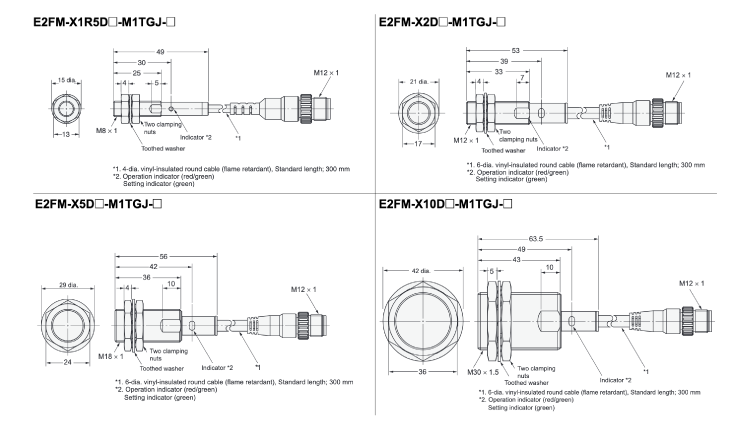 ภาพวาดโครงร่างพร็อกซิมิตี้เซนเซอร์ตัวเรือนสแตนเลสทั้งหมด รุ่น E2FM แบบรีเลย์เชื่อมต่อ