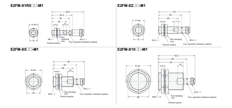 ภาพวาดโครงร่างพร็อกซิมิตี้เซนเซอร์ตัวเรือนสแตนเลสทั้งหมด รุ่น E2FM แบบตัวเชื่อมต่อ (M12)