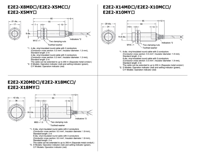 พร็อกซิมิตี้เซนเซอร์แบบยาว E2E2 ชนิดไม่มีโล่ป้องกัน