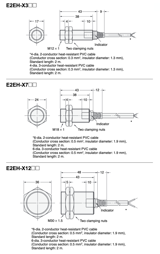 พร็อกซิมิตี้เซนเซอร์สำหรับอุณหภูมิสูง/กระบวนการทำความสะอาด E2EH ชนิดสายดึงออก (ชนิดมีการป้องกัน) ภาพวาดขนาด