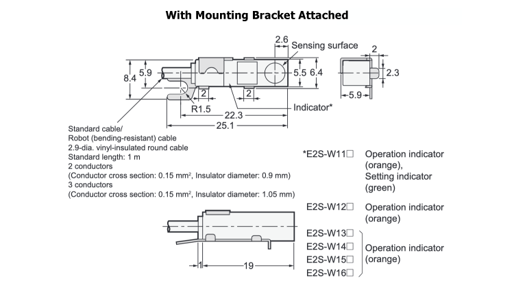 พร็อกซิมิตี้เซนเซอร์ขนาดเล็กพิเศษ E2S E2S-W1□ ขนาด