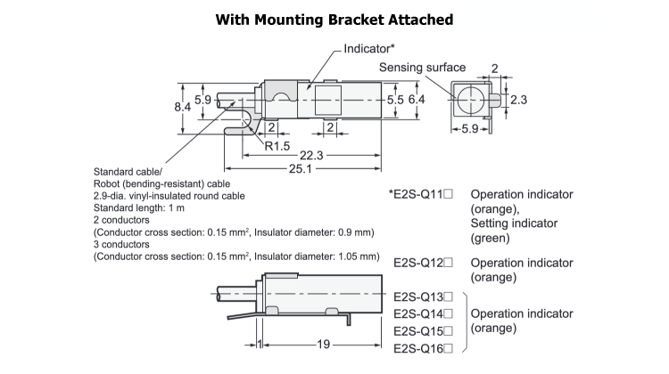 พร็อกซิมิตี้เซนเซอร์ขนาดเล็กพิเศษ E2S E2S-Q1□ ขนาด
