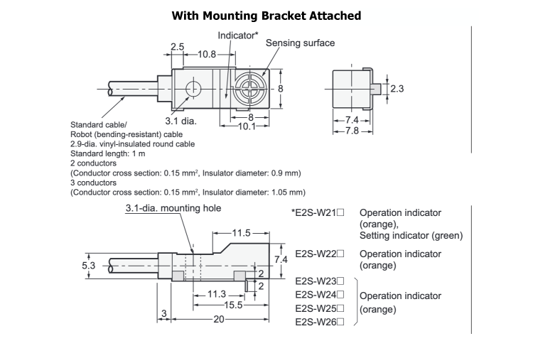 พร็อกซิมิตี้เซนเซอร์ขนาดเล็กพิเศษ E2S E2S-W2□ ขนาด