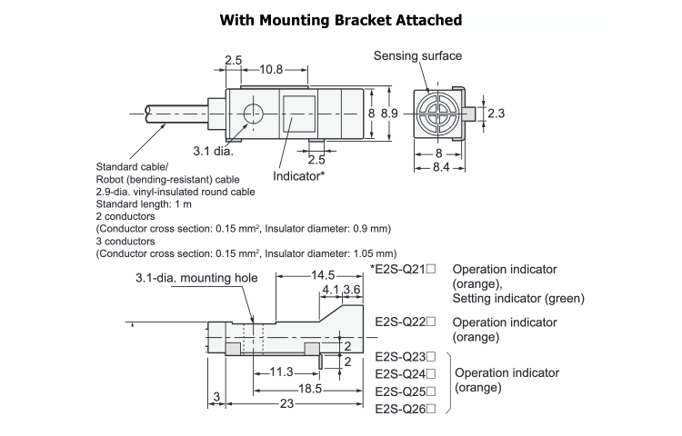 พร็อกซิมิตี้เซนเซอร์ขนาดเล็กพิเศษ E2S E2S-Q2□ ขนาด