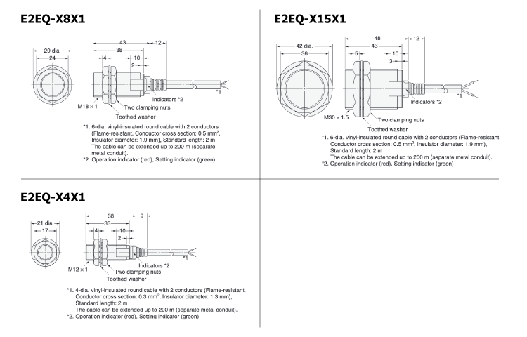 พร็อกซิมิตี้เซนเซอร์ทนต่อสแปตเตอร์ E2EQ แบบสายดึงออกระยะตรวจจับไกล ขนาด