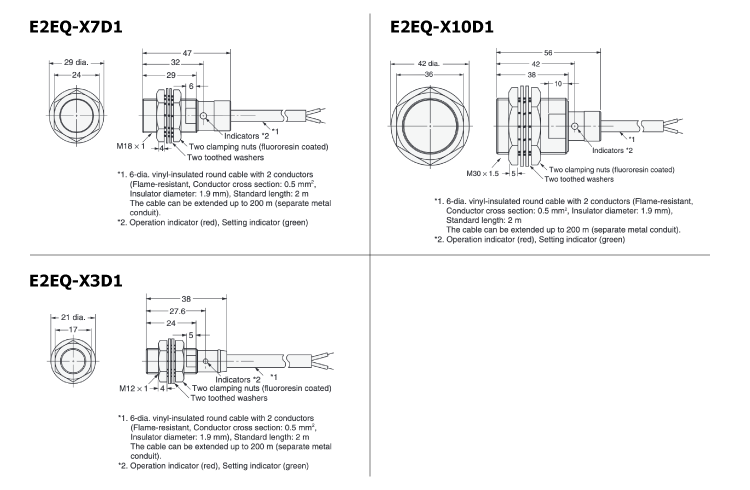 พร็อกซิมิตี้เซนเซอร์ทนต่อสแปตเตอร์ E2EQ แบบสายดึงออกมาตรฐาน ขนาด
