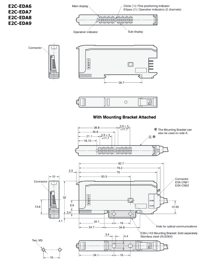พร็อกซิมิตี้เซนเซอร์แบบดิจิทัลความแม่นยำสูงชนิดแยกแอมพลิฟายเออร์ E2C-EDA หน่วยแอมพลิฟายเออร์แบบคอนเนคเตอร์ประหยัดสาย ภาพร่าง