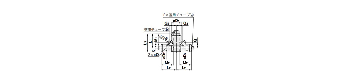 ข้อต่อสามทางตัวทีเส้นผ่านศูนย์กลางต่างกัน: Drawing แสดงโครงร่างของ 10-KQ2T 