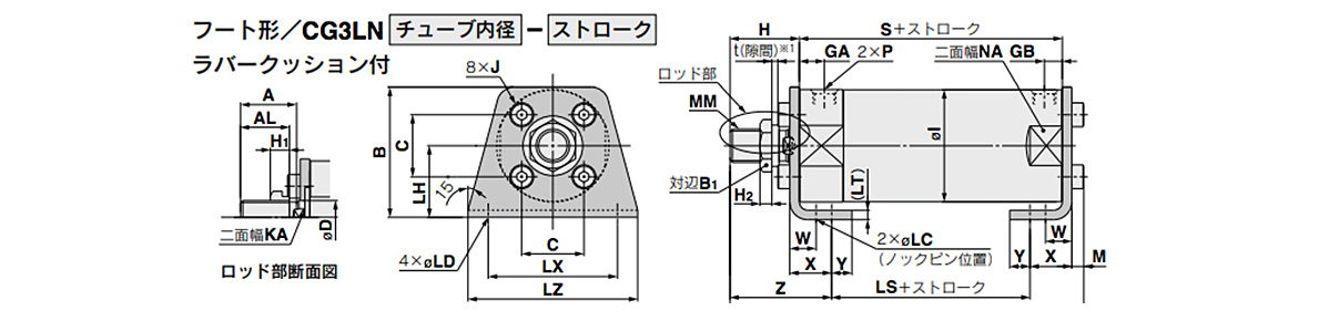 ชนิดเท้า / CG3LN เส้นผ่านศูนย์กลางภายในท่อ, ส สโตรค/ระยะเคลื่อนที่ , พร้อมการ ดรออิ้งบอกขนาด ยางกันกระแทก