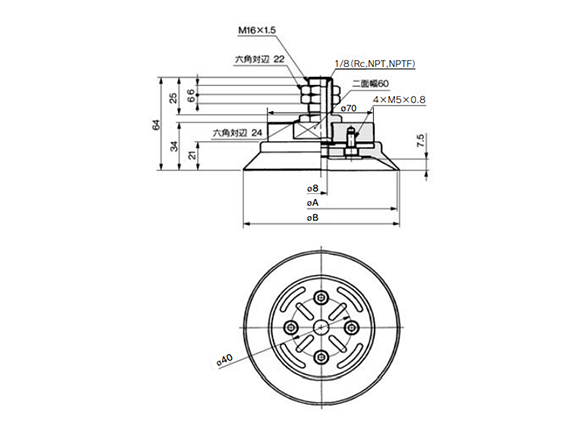 ZPT100/125H□-A16 (เกลียวนอก) ขนาด / การ แผนภาพโครงสร้าง