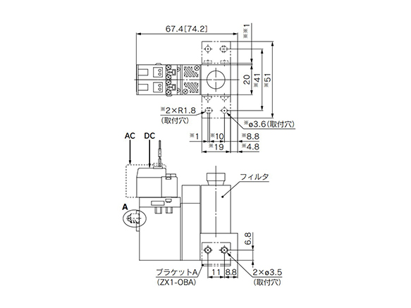 ดรออิ้งบอกขนาด ของ ZX1 □□□ -K1 □□□□ -F พร้อม ชุดกรอง