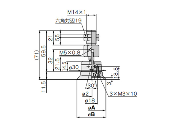 ZP2-XF40/50H□ (ทิศทางการป้อน สุญญากาศ: ด้านข้าง) ดรออิ้งบอกขนาด