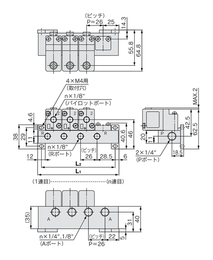 วาล์วแบบเปิดปิดด้วยลม 3 พอร์ท, ซีรีส์ VTA301 แมนิโฟลด์: Drawing ของ VVTA300-□□1