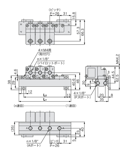 วาล์วแบบเปิดปิดด้วยลม 3 พอร์ท, ซีรีส์ VTA301 แมนิโฟลด์: Drawing ของ VVTA300-□□3